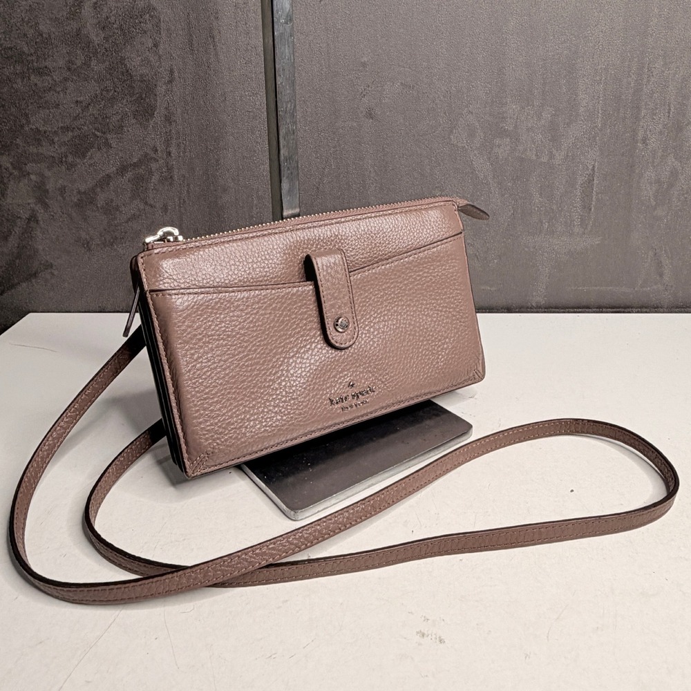 Kate Spade Crossbody Wallet Women Small Mauve Pebbled Leather Slim Bag